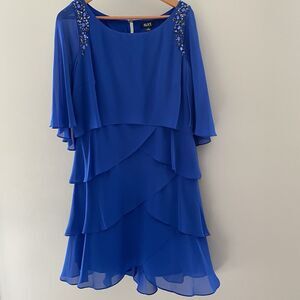 SLNY Blue Chiffon Tiered Layered Beaded Chiffon Dress Flutter Sleeve Size 12